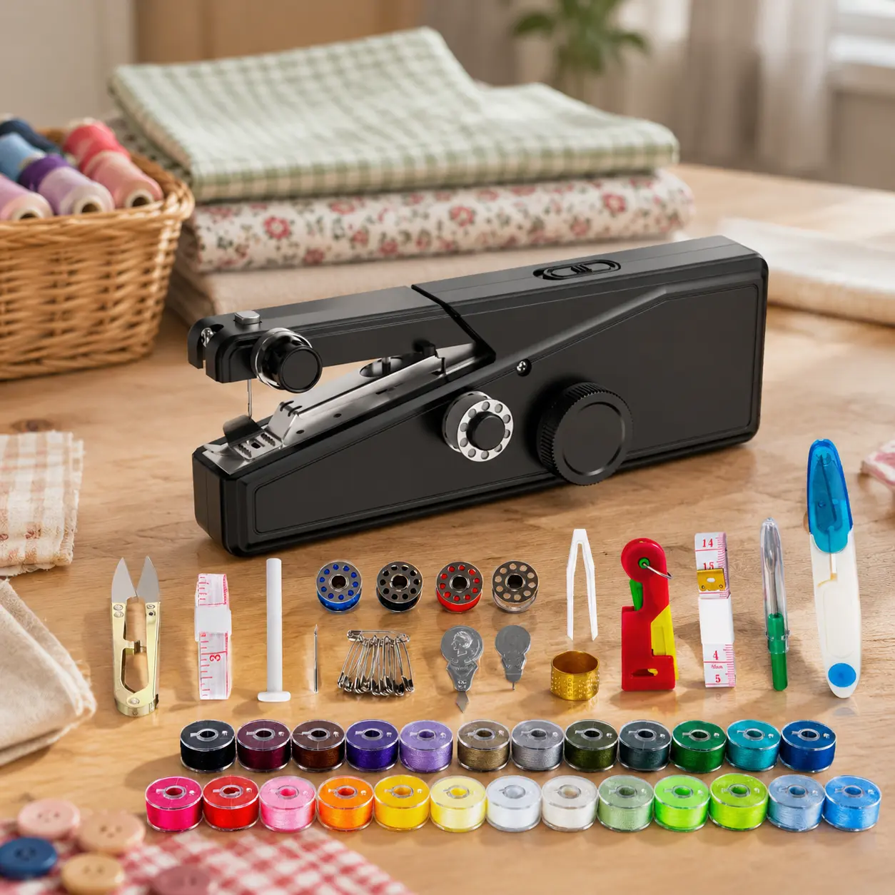 Mini black handheld electric sewing machine with complete sewing accessories, a portable mini sewing tool ideal for clothing repairs, beginner DIY projects, and emergency fabric mending on the go.
