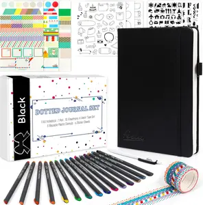 Feela Dotted Journal Kit, Dot Grid Journal Hardcover Planner Notebook Set for Beginners Women Girls Note Taking with Journaling Supplies Stencils Stickers Pens Accessories, A5, 224 Pages, Black feela