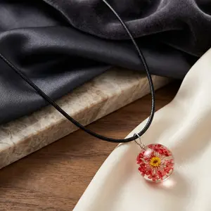 Handmade Pressed Dried Baby's Breath Flower Necklace | Clear Glass Ball Pendant Black Wax Cord Necklace for Women Daily Wear