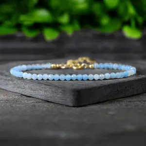 Natural Aquamarine Stone 3mm Tiny Beads Crystal Healing Charka Crystal Dainty Gold-Plated Chain Minimalist Bracelet Gift for Women