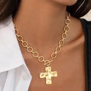 Tewiky Gold Chunky Cross Necklace for Women Statement Cross Pendant Necklace Layered Hammered Bold Cross Necklace Vintage Toggle Clasp Necklace Jewelry