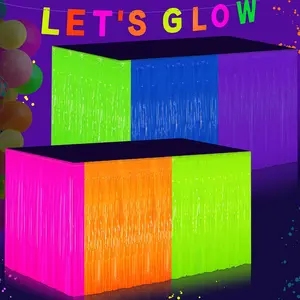 Glow in The Dark Tinsel Fringe Table Skirt 2 Pack Neon Foil Party Decor 31.5"x118" UV Reactive for Rave Wedding Birthday Backdrop 6 Vibrant Colors