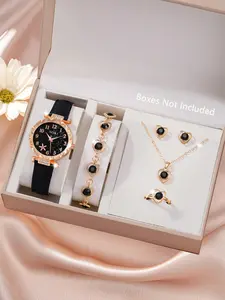 Elegant Ladies Watch Set with 5-Piece Heart Jewelry - Casual Quartz Watch & Coordinated Accessories for Everyday Wear & Special Occasions analog dial fashionable anniversary gift unique taste Gold Plated Square Women