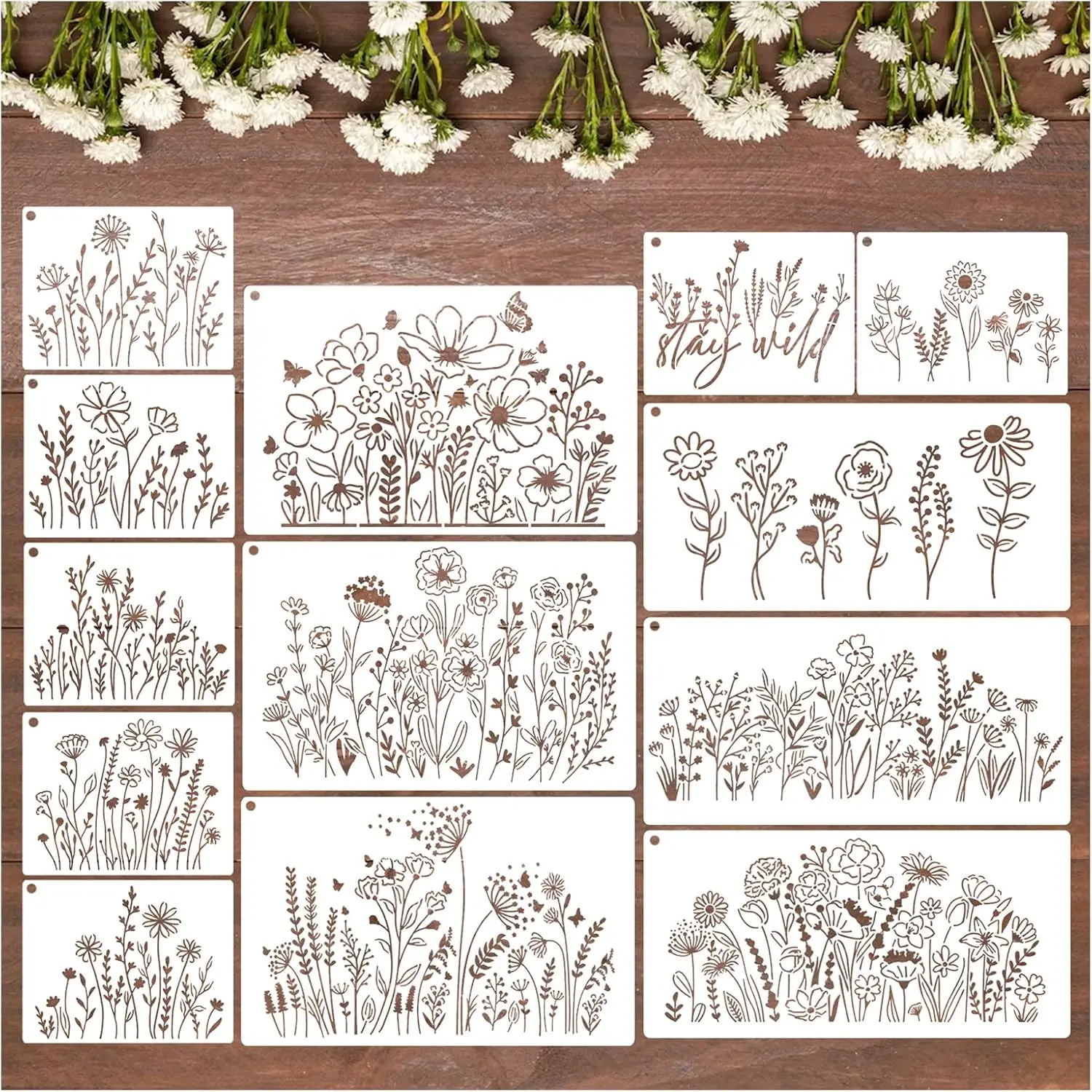 13 Pieces Wildflower Stencils Flower for Painting Wood Reusable Spring Floral Field Plants Wild Crafts Wall Canvas Fabric Paper DIY Furniture Card