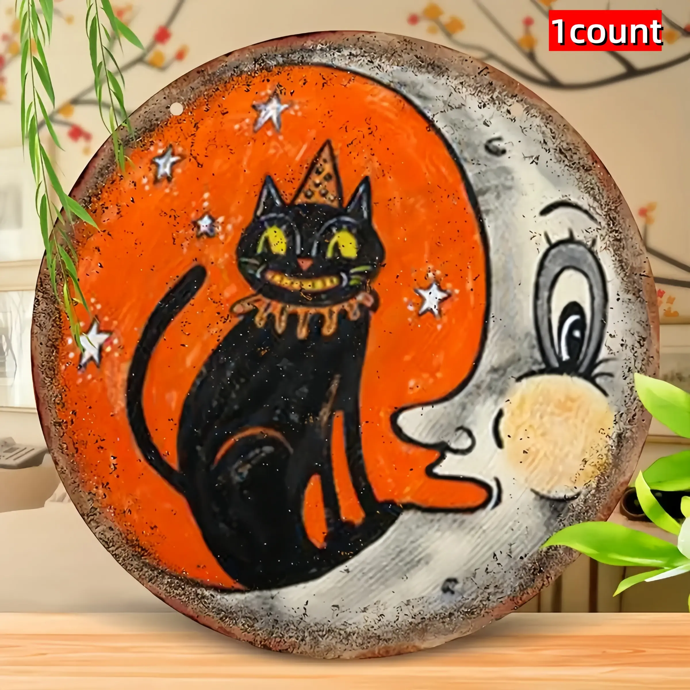 Vintage Cat & Moon Halloween Sign, Decorative Sign, Handmade Wooden Wall Decor, Novelty Decor, Vintage Garage Signs, Vintage Plaque Decoration, Multi-Purpose 8 Inch Round Plaque for Home, Bar, Garage, Cafe, Garden, Wall Art Sign