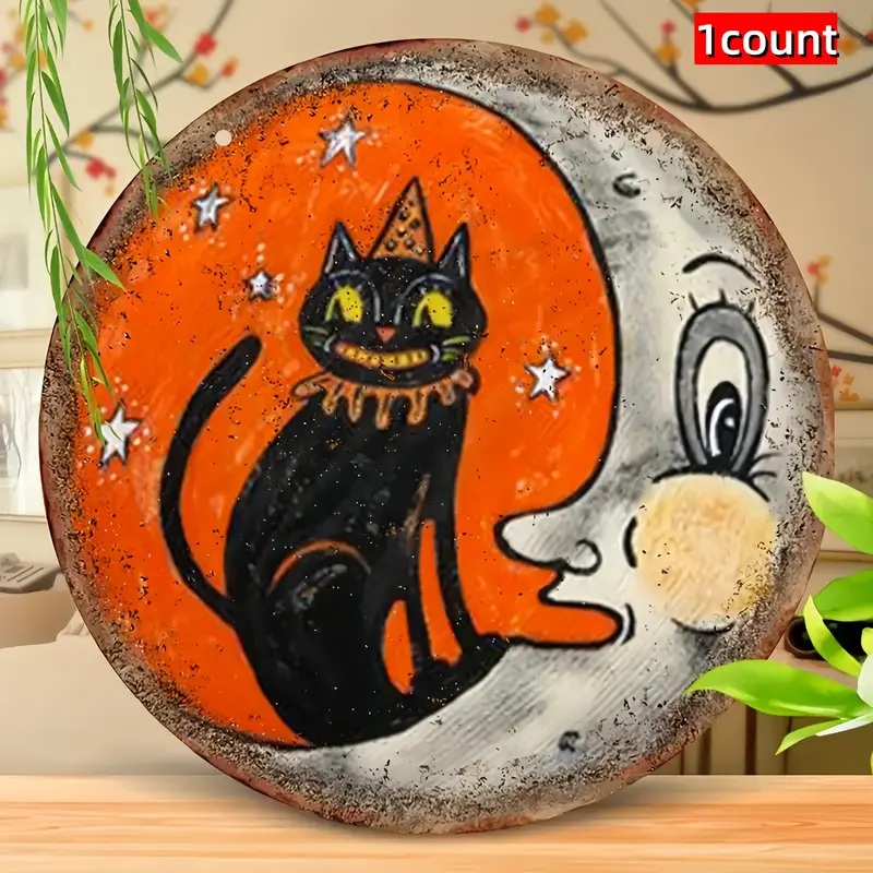 Vintage Cat & Moon Halloween Sign, Decorative Sign, Handmade Wooden Wall Decor, Novelty Decor, Vintage Garage Signs, Vintage Plaque Decoration, Multi-Purpose 8 Inch Round Plaque for Home, Bar, Garage, Cafe, Garden, Wall Art Sign