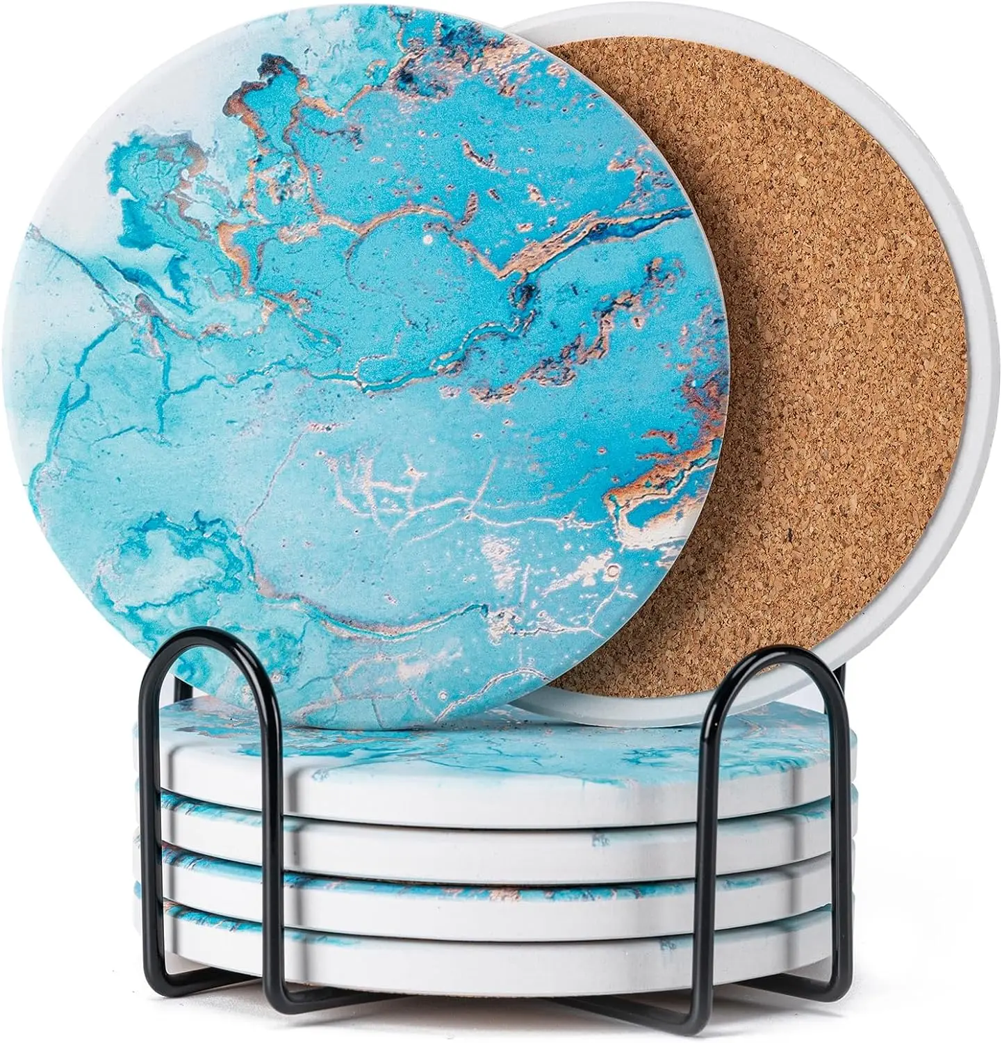 6Pcs Drink Coasters with Holder, Marble Style Ceramic Drink Coaster, Absorbent Coasters Set Suitable for Kinds of Cups, Modern Style Coasters for Coffee Table, 4 Inches（Ocean Style） coasters