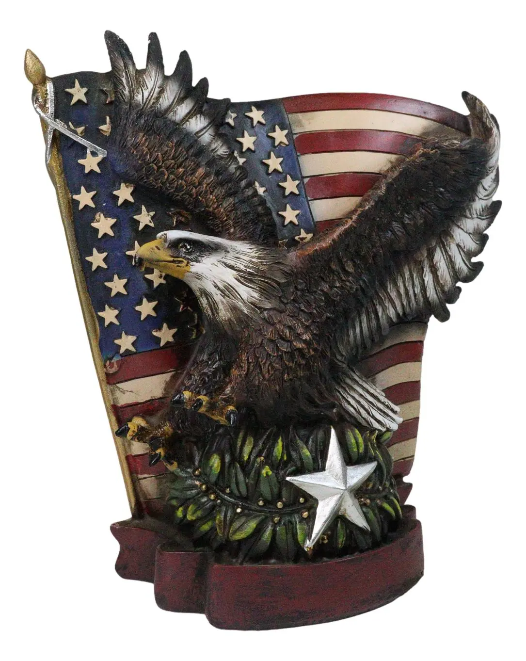 American Bald Eagle With Olive Branch Soaring by US Flag Desktop Figurine