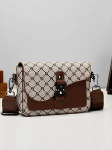 Unisex Geometric Pattern Flap Closure Fashion Crossbody Bag, Multifunctional PU Leather Travel Bag, Casual Daily Use Work School Accessory, Everyday Crossbody Bag