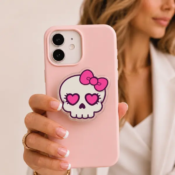 Pink Kawaii Skull MagSafe Phone Grip, Cute Bow Skull Magnetic PopSocket, Heart Eyes Skeleton Phone Holder, Girly Spooky Halloween Phone Accessory, Halloween Gift Idea