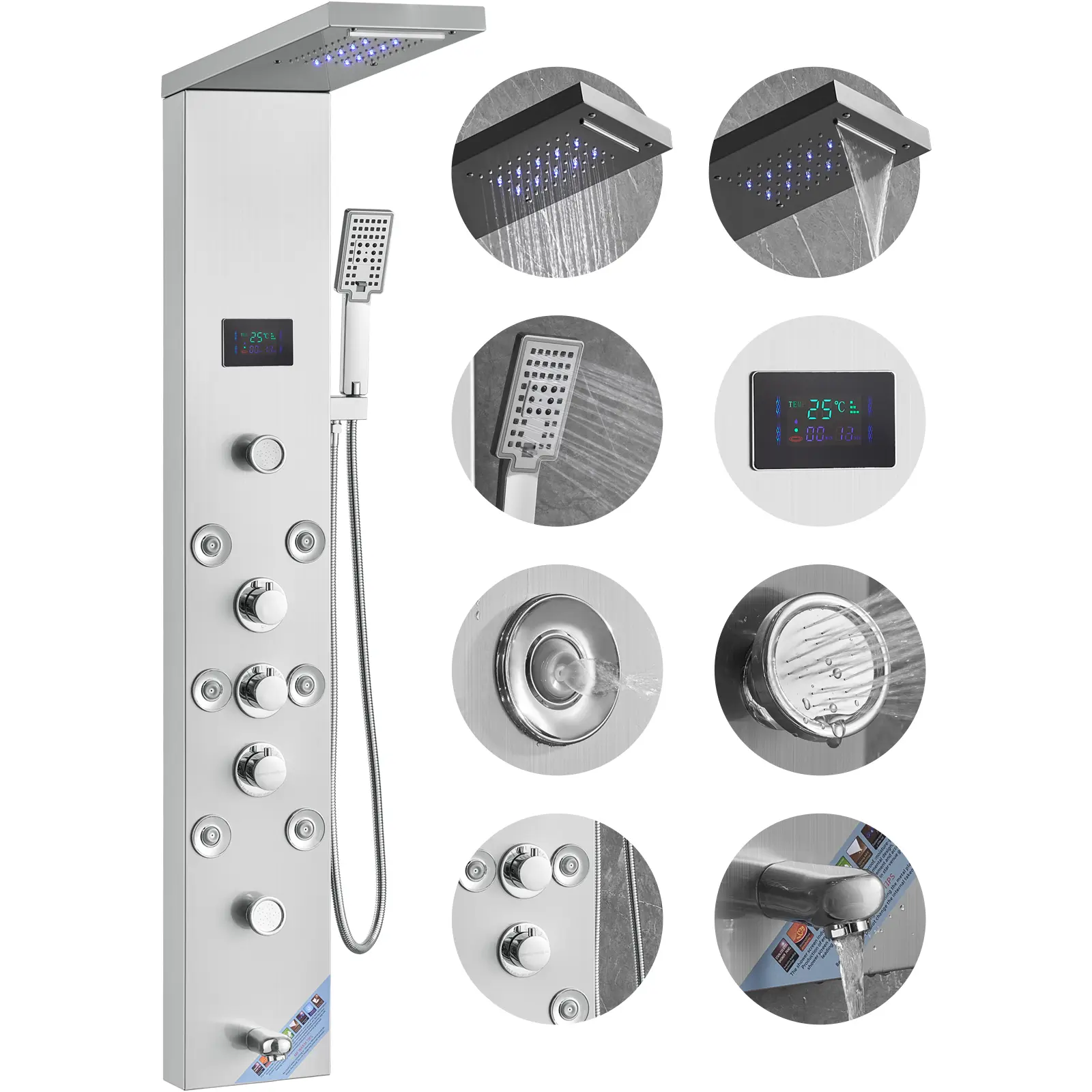 【summerfinds】VEVOR Shower Panel System, 6 Shower Modes, LED & Screen Hydroelectricity Shower Panel Tower, Rainfall, Waterfall, 8 Massage Jets, Tub Spout, Handheld Shower, Stainless Steel Wall-Mounted Shower Set