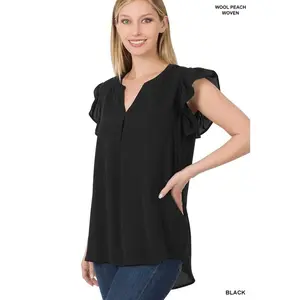 ZENANA Woven Wool Peach Ruffled Sleeve High-Low Top