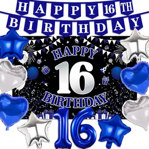 16th Birthday Decorations for Boys & Girls, Blue Theme, Happy 16th Birthday Party Supplies, Backdrop, Foil Balloons, Banners, Card Set