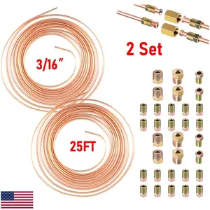 25 FT Copper-Nickel Brake Line Tubing Coil 2-Pack, 3/16” OD Rustproof Brake Hose Replacement, Durable SAE ISO Compliant Tubing with Complete Multi-Size Fitting Kit