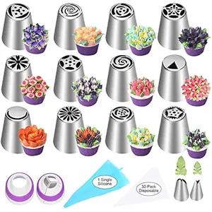 47 Pcs Russian Piping Tips Set, 12 Flower Frosting Nozzles Icing Tips for Cake Decorating Tips Kit, Baking Supplies for Cookie Cupcake, 2 Leaf Piping Tips 2 Couplers 30 Pastry Baking Bags YLYL