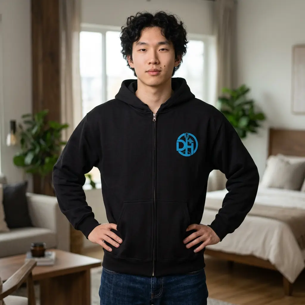 Dustin Heer Logo Zip Hoodie | Blue Emblem Full-Zip Sweatshirt