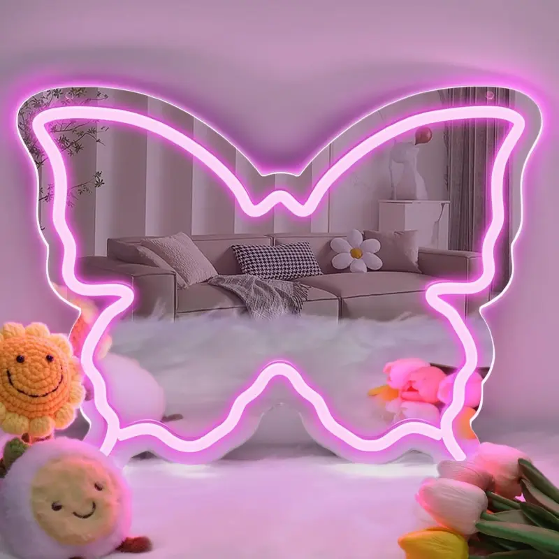 3D LED Neon Light Butterfly Neon Sign Mirror, Dimmable LED Neon Light for Wall Decoration, Neon Sign Mirror Birthday Party Gift, Neon Light for Bedroom and Room Decoration, Home Decor Lighting (Pink)