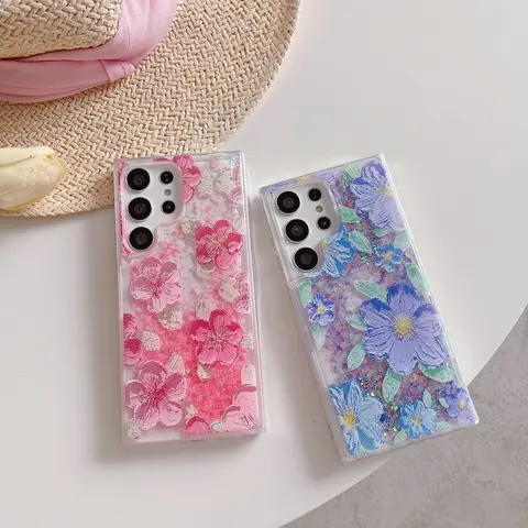 Glow in The Dark Oil Painting Flower Case for Samsung Galaxy S26 Ultra S25 Plus S24 S23 S22, Galaxy Z Flip 8/7/6/5/4/3, Fluorescent Liquid Floating Glitter Floral TPU Phone Cover, Cute Girly Protective Case for Women Girls,back to school haul