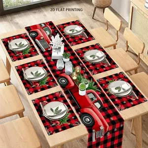1 piece/5 piece set/7 piece set, Christmas red truck grid pattern seasonal dining table flag+placemat set, used for kitchen and dining decoration during festivals and family parties, indoor and outdoor dining table decoration