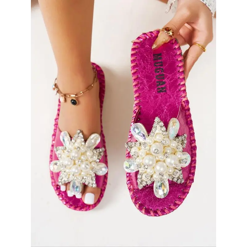 Women's Faux Pearl Decorated Slip-On Slides - Polypropylene Plastic Open-Toe No-Heel Shoes, Summer Casual Lightweight Breathable Daily Wear Footwear for Sports & Outdoor Use