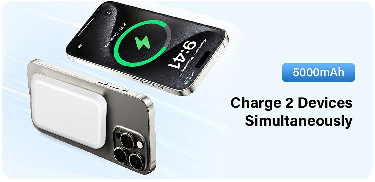 2 in 1 5000mAh Magnetic Power Bank, Wireless Portable Charger, Fast Charging MagSafe Battery Pack for iPhone 17/16/15/14/13/12/Plus/Pro Max, Compact Device Smartphone Chargeable