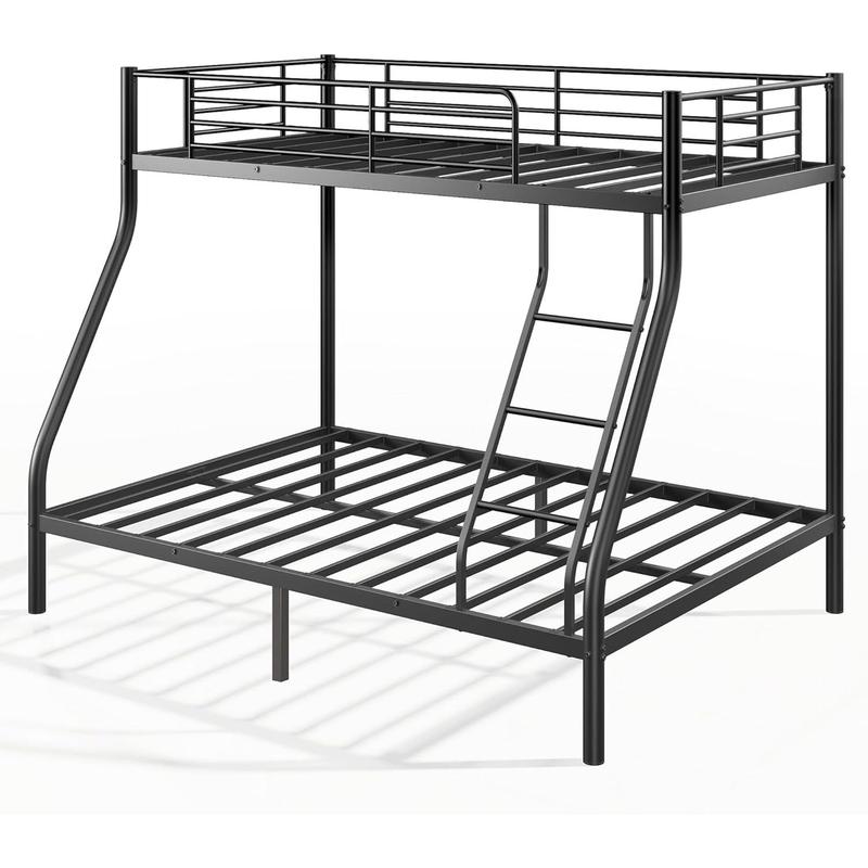Bunk Beds Twin Over Full Size, More Sturdy Heavy Duty Metal Bunk Bed with Angled Ladder for Teens and Adults, Used for Spaces-Saving, Apartment or Dorm, Noise Free & Easy Assembly, Black