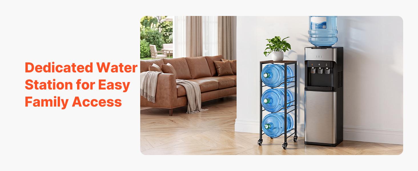 【summerfinds】VEVOR Water Jug Holder, 4 Tiers 3 and 5 Gallon Water Bottle Holder for 3 Bottles, Heavy Duty Jug Rack Organizer with Storage Shelf and Casters, for Kitchen, Office, Living Room, Black and Brown