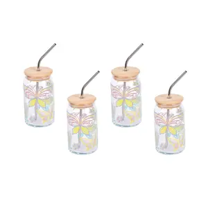 Temp-tations Set of 4 Glass Tumblers with Wood Lids and Straws