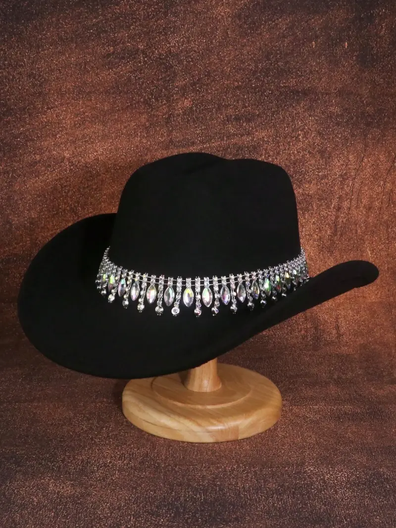 Rhinestone Cowboy Hat Polyester Black with Glitter Belt Accessories for Women Tisancy Rhinestone Cowboy Hats Cowgirl Hat for Women Fits 58  main image 2