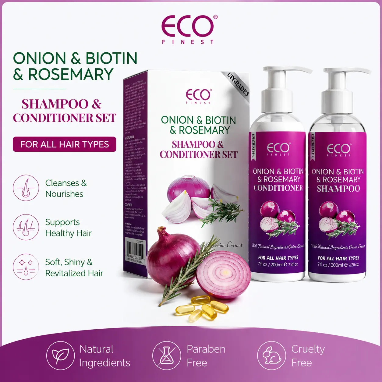 Onion, Biotin & Rosemary Shampoo and Conditioner Set - Gentle Repairing Haircare Formula to Hydrate, Boost Moisture for Dry, Damaged Hair - Strengthening Daily Use for Men & Women, 7 fl oz/200ml, All Hair, Paraben-Free, Onion Extract