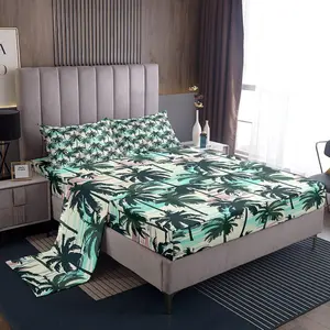 Feelyou Palm Tree Print Bedding Set - Palm Leaf Sheets, Botanical Nature Theme Linens, Hawaiian Tropical Island Sunset Green Bedding