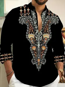 New European and American international style color splicing striped casual long-sleeved button-down shirt for men.