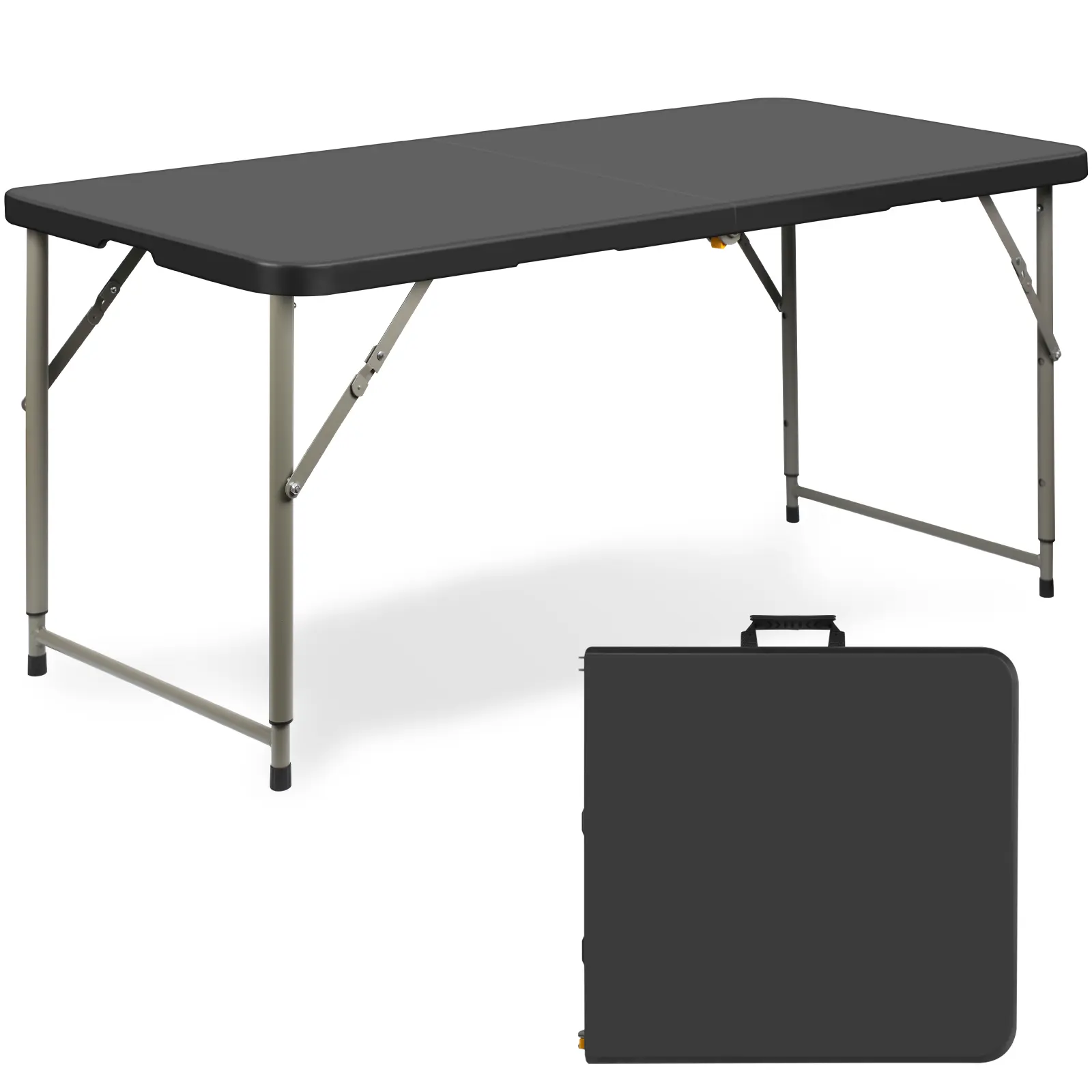 4FT Heavy Duty Folding Table with Handle, Fold-in-Half Portable Plastic Table, Adjustable Height 21.5"-33.5", 300 lbs Capacity, Indoor Outdoor Utility Table for Dining, Picnic, Camping, Wedding, Party, Events, Black