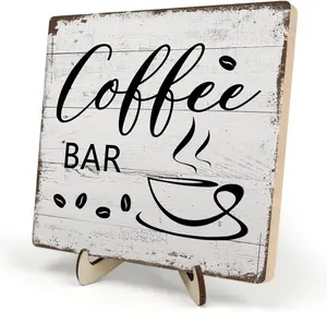 Coffee Bar Decor Sign  Rustic Wooden Plaque for Coffee Station, Farmhouse Cafe Shelf Accessories, Desk or Kitchen Counter Decor,Birthday,Mother Day  5.9 x 5.9 Inch