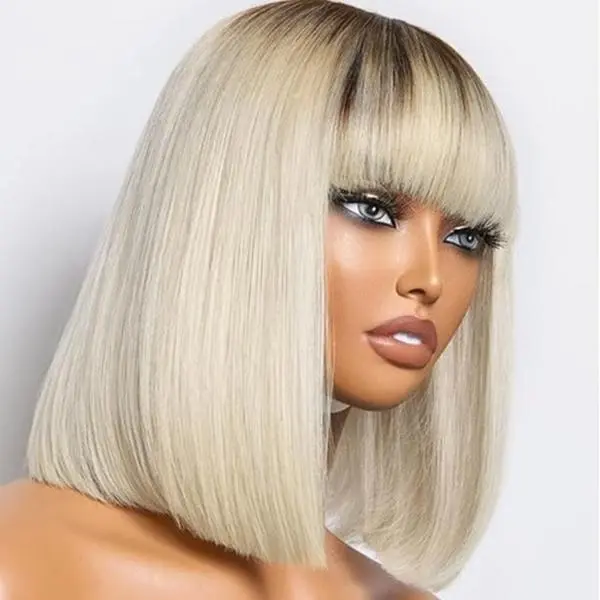 【Flash Sale】14Inch Platinum Ombre Blonde Short Wig with Bangs Natural Looking Synthetic Curly Wavy Bob Wig for Cosplay and Everyday Daily Wear Haircut Fade