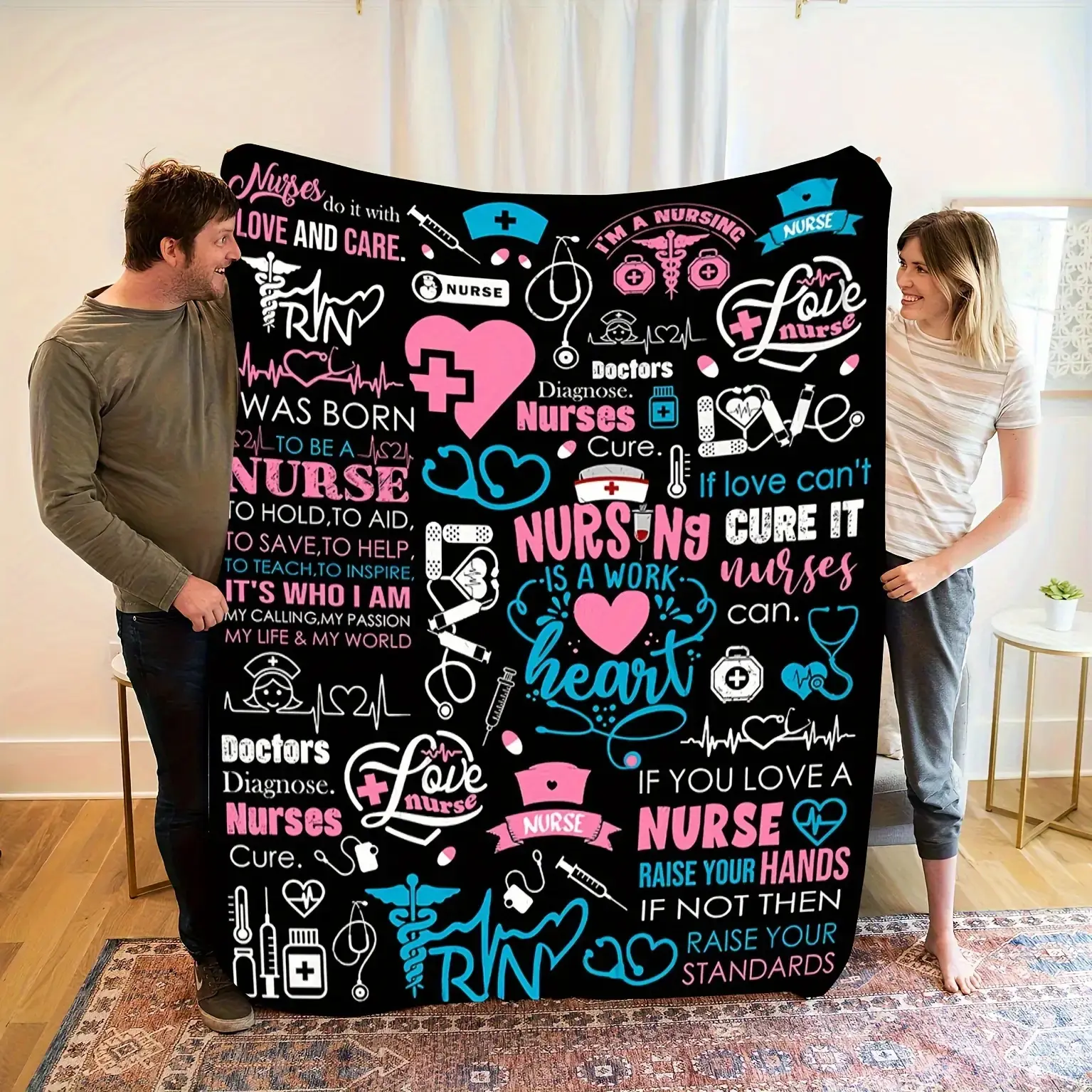 1 Piece Nurse Themed Flannel Blanket - Soft and Warm All-Season Blanket with Medical Symbols and Inspirational Quotes, Perfect Gift for Nurses, Best Friends, Family - Ideal for Home, Camping, Travel, 280GSM, Machine Washable, Modern Style, Polyester