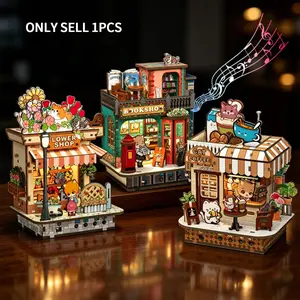 DIY 3D Mini Wooden Street Scene Bookstore/flower Shop/coffee Shop, LED Light, Handmade 3D Toy House Decor, Holiday Gift, Light Up Blocks