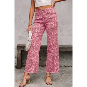 Women's Leopard Print High Waisted Wide Leg Jeans - Raw Hem Frayed Edge Straight Denim Pants, Trendy Streetwear Outfits