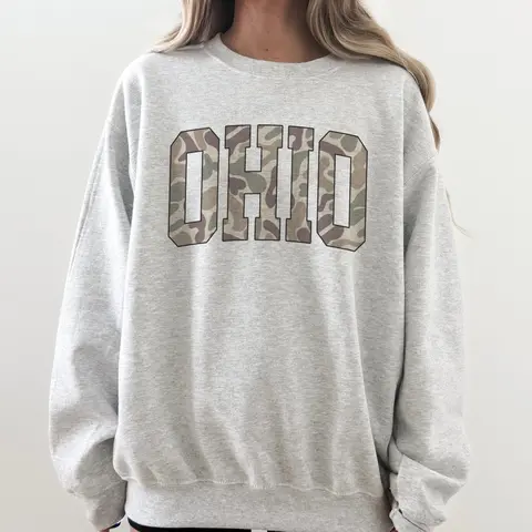 Camo State Sweatshirt Duck Camo State College Varsity Name Pullover Camouflage Sweatshirts Collage TExas Georgia Ohio Florida Alabama Arkansas North Carolina South r