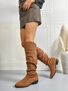 Elegant Women's Fashion Boots, Slip-On High Heel Ruched Ankle Booties, Fall & Winter Knee-High Boots, Pointed Toe Medium Width, Western Boots