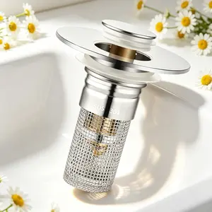 Bathroom Sink Stopper & Drain Hair Catcher, Pop Up Drain Strainer with Detachable Stainless Steel Basket, Ideal for US Sink Replacement