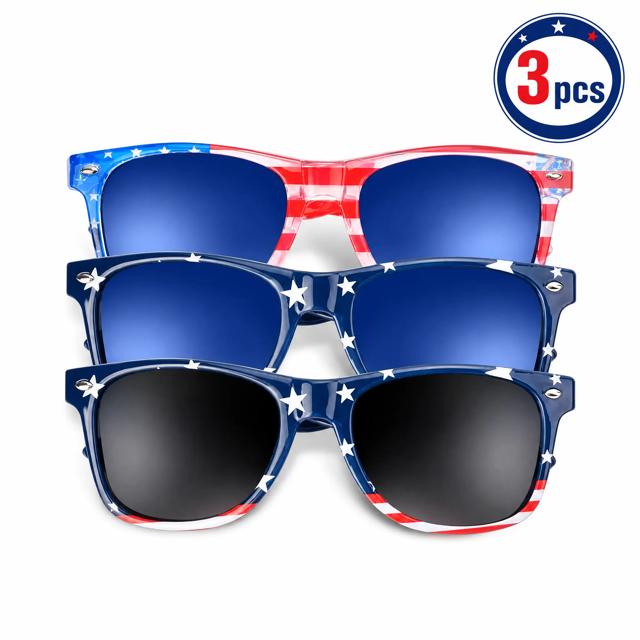 3-Pack American Flag Print Mirrored Sunglasses - Men's Lightweight Durable UV400 Shades, Blue Mirror & Grey Lenses, Patriotic Stars Stripes Accessories for Adults, 4th of July Beach Outdoor, Lightweight Durable Sunglasses