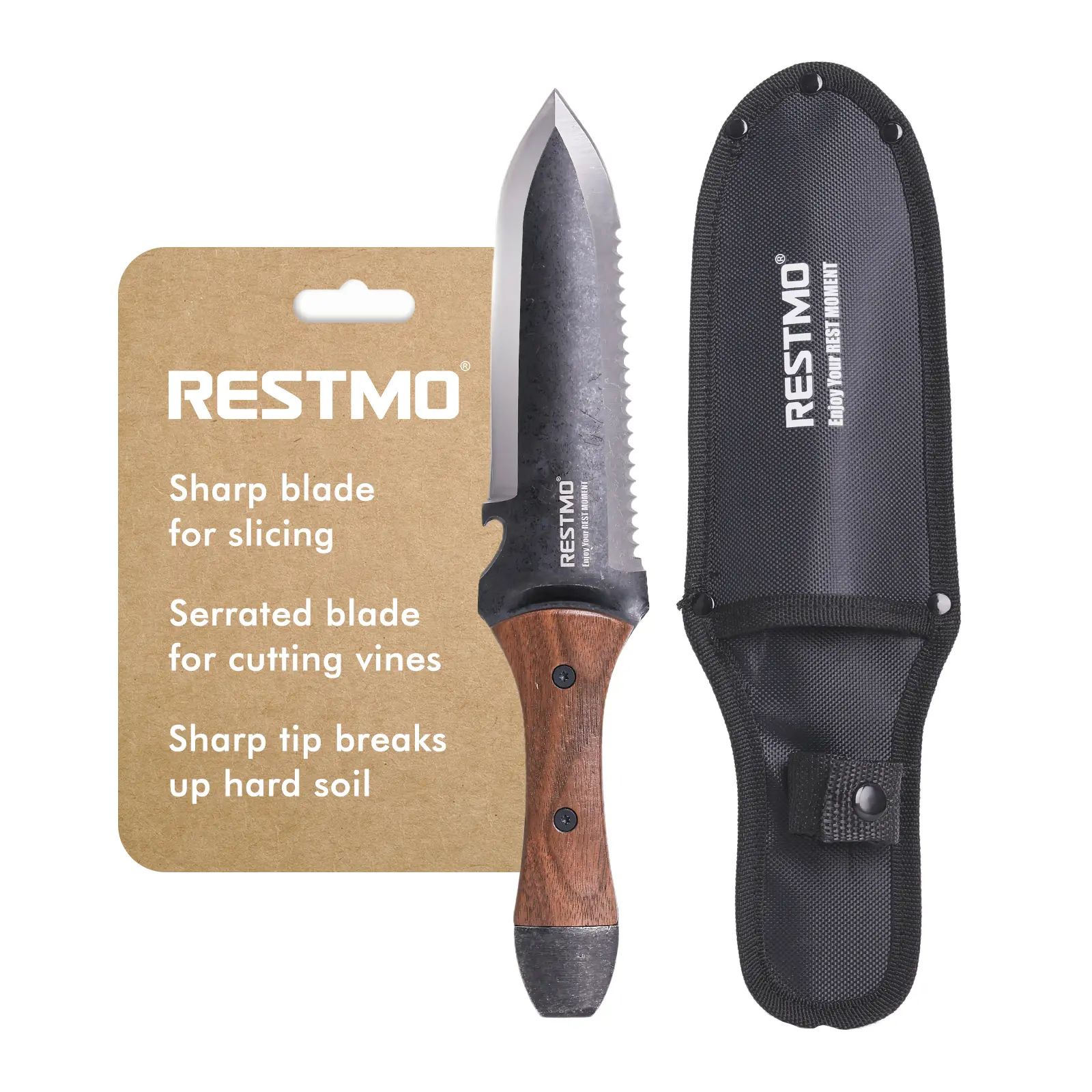 RESTMO Hori Hori Garden Knife - Serrated Stainless Steel Dual-Edge Blade Tool with Convenient Belt Sheath, Depth Gauge, Ergonomic Walnut Grip, Inches Measurement, Lightweight Design for Gardeners’ Weeding/Planting, Digging, Hand Fatigue Reduction