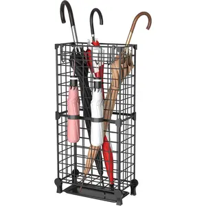 Umbrella Holder Entryway, Umbrella Stand Freestanding, Metal Square Umbrella Rack Organizer with a Removable Drip Tray, Hooks, Black