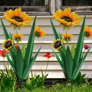 Metal Agave Stake Sunflower Garden Stake Decoration Set of Garden Stakes for Outdoor Home Gardens Artificial Flowers Resemble Genuine Blooms UV Resistant for Porches Decks Balconies