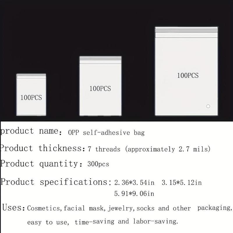 Transparent Cellophane Plastic Bag, 300pcs 3 Sizes Wrapping Bag, Resealable Bag for Photos Jewelry Sock Gift Resealable Packaging