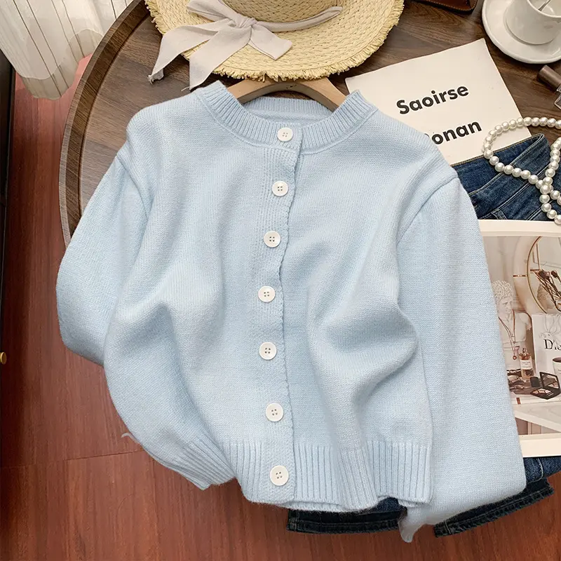 Women's Chic V-Neck Cardigan, Solid Loose Fit Button-Up Top with Long Sleeves for Office Wear, Autumn Fashion and Casual Elegance, Knitwear, Longsleeves, Basic, Comfortable, Simple, Plain, Medium Length, Easy To Pair, Jeans, Lady, Button Closure, Loose-Fi