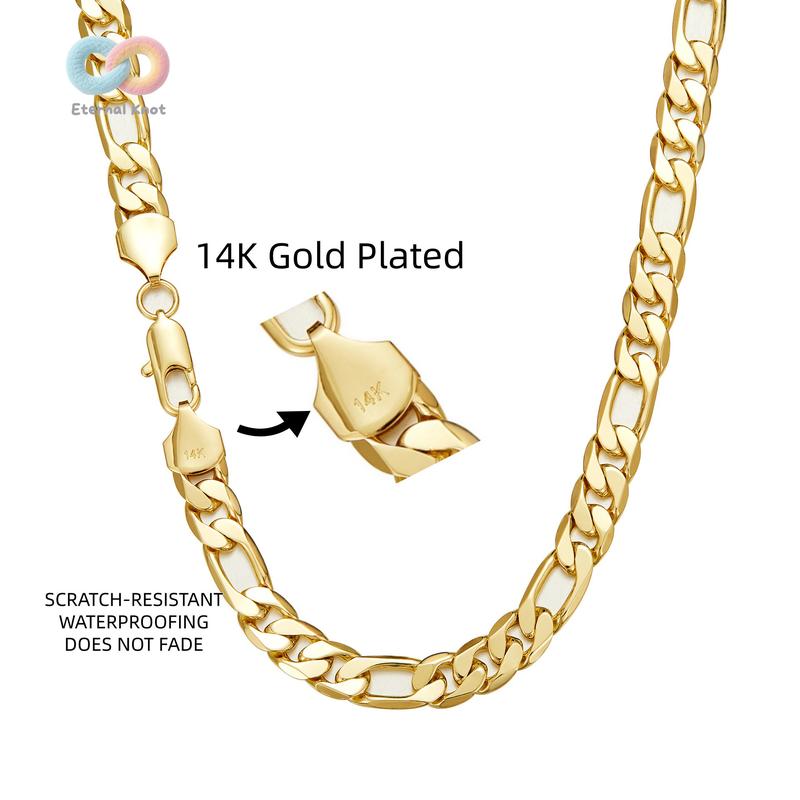 14K Real Gold-Plated Figaro Chain Necklace Tarnish-Free Nanotech Coating Italian Style Cuban Link 2mm/10mm Wide,24" for Women Men Hip Hop Streetwear Minimalist Layering Jewelry