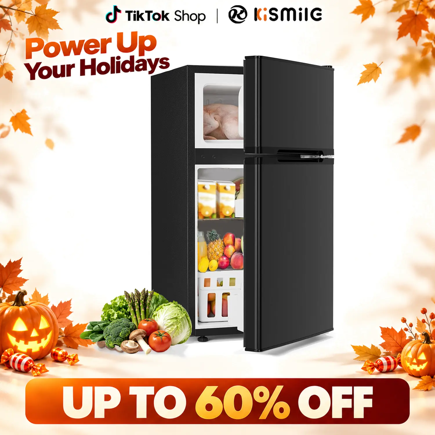 Kismile 3.2 cu.ft 2-Door Rectangular Plug-In Compact Refrigerator with Freezer, Fruit-Veg Drawer, Adjustable Shelf, Thermostat - Silver Beverage Refrigerator, Mini Fridge with 120-Can Storage for Bedrooms, Office,techvibes