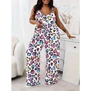 Plus Size Casual Pajama Set, Women's Plus Allover Print Round Neck Cami Top & Pants Loungewear Two Piece Set